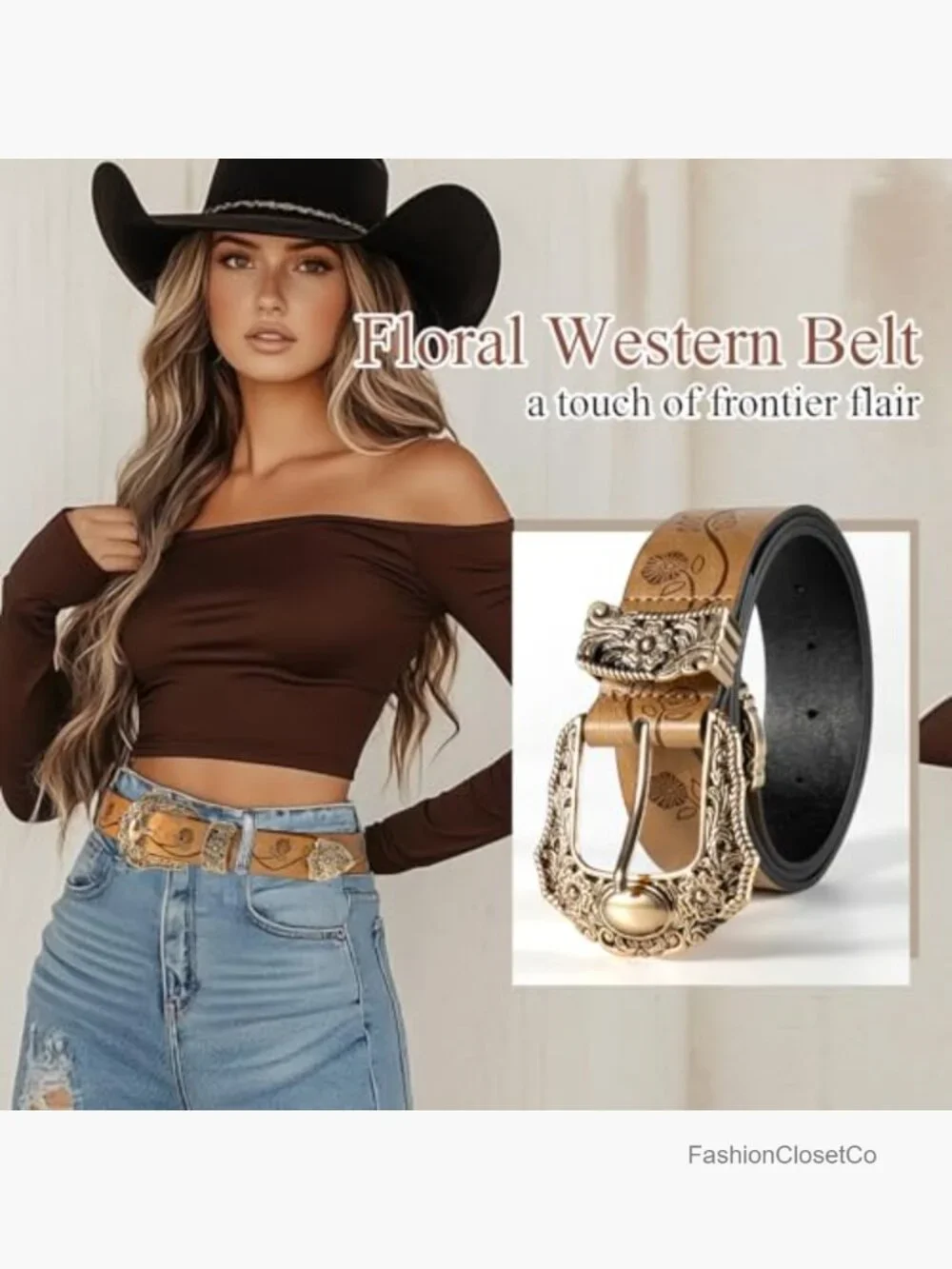 Vintage Women's Western Belt Adjustable PU Leather with Floral Pattern Buckle